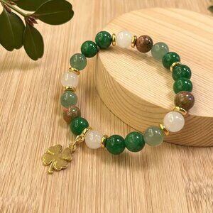Green Aventurine & Chrysocolla Bead Necklace Bracelet w Four-Leaf Clover Charm